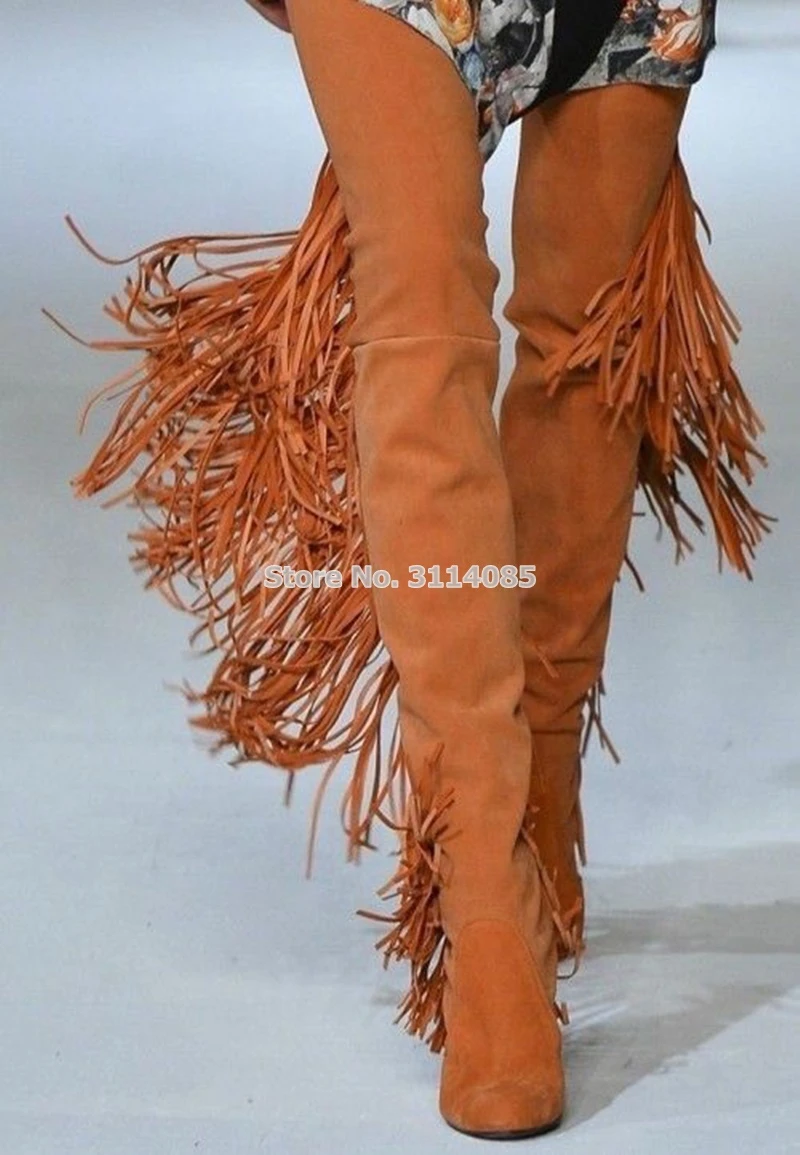 Women Luxurious Brown Suede Chunky Heel Over the knee Fringe Boots Sexy Tassel  Thigh High Tall Boots Long Boots Dress Shoes|Knee-High Boots| - AliExpress