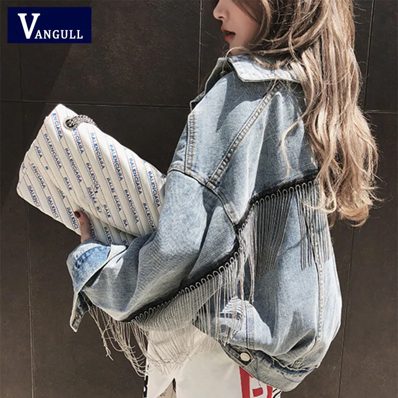 

Vangull New Women Denim Long Batwing Sleeve Jacket Spring Beading Tassel Short Loose Girl Jeans Coats Fashion Harajuku Outerwear