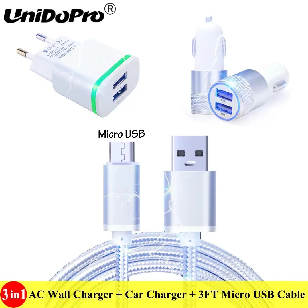 Сетевое и автомобильное зарядное устройство с вилкой US / EU + кабель Micro USB 3 фута для