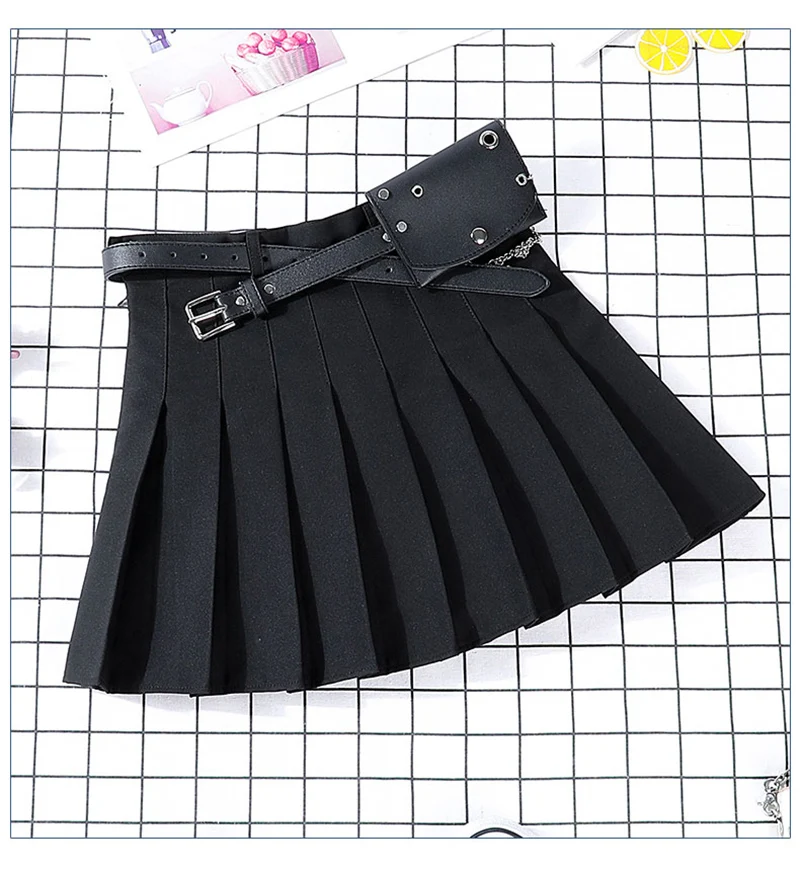 New Hip-hop Women's Harajuku Pleated Skirt Gothic Black High Waist Mini Skirts Cute Girls Punk A Line Short Skirt With Belt