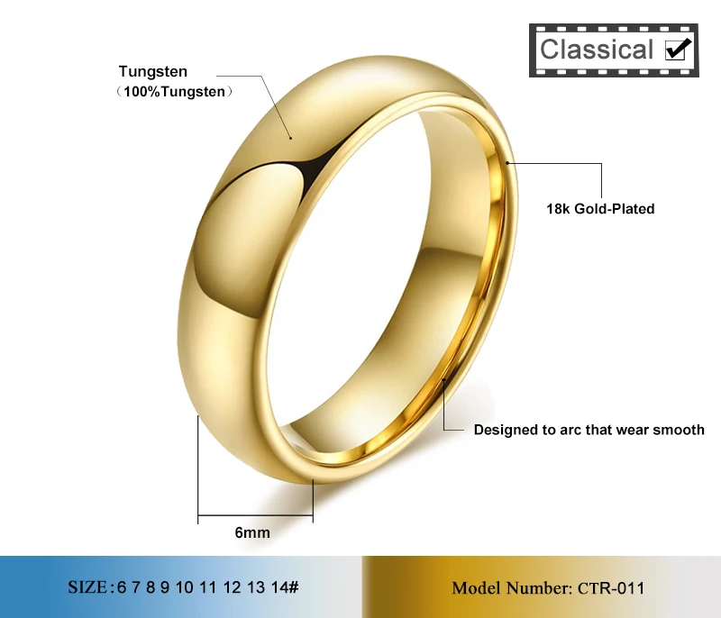 ZORCVENS Мода Чистый вольфрам кольца 6 мм широкий золотой цвет обручальные кольца для женщин и мужчин ювелирные изделия