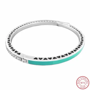 

Authentic 925 Sterling Silver Cut-out Radiant Hearts Bangles Bracelets for Women Jewelry Clear CZ Bright Mint Enamel FLB042