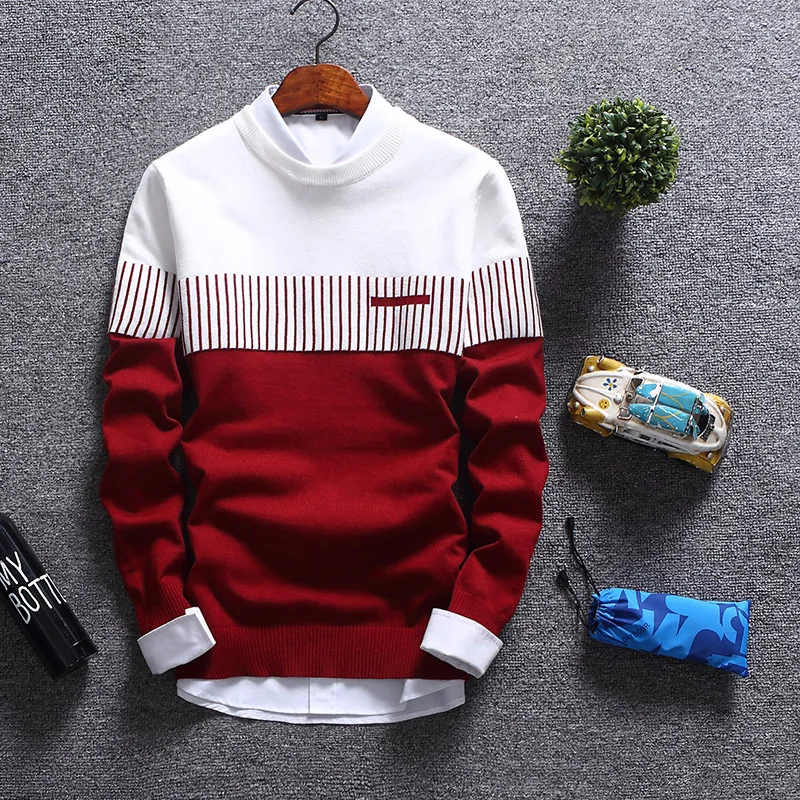 Мужской свитер, новинка, брендовый Модный пуловер, свитер для мужчин с круглым вырезом, в стиле пэчворк, облегающий, вязанный мужской свитер, пуловер для Мужчин Xxl