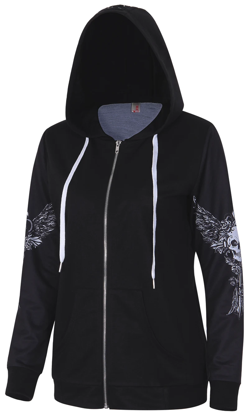  Hoodies Sweatshirt Women Angel Wing Skull Print Zip Up Hoodie Punk Casual Lace Up Hooded Pullover T