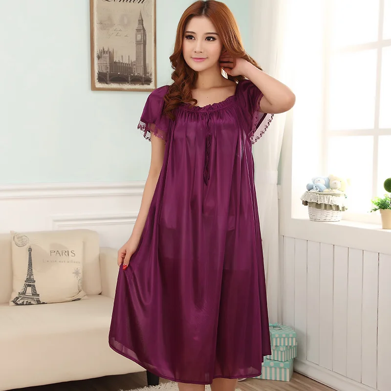 

Loose large size nightgowns for women long stlye nightwear nightdress solid silk sleepshirt summer dress sleep tops pijama mujer