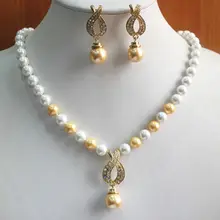 07613 Белый Желтый Жемчужное Ожерелье Желтый Серьги Кулон Комплект Ювелирных Изделий