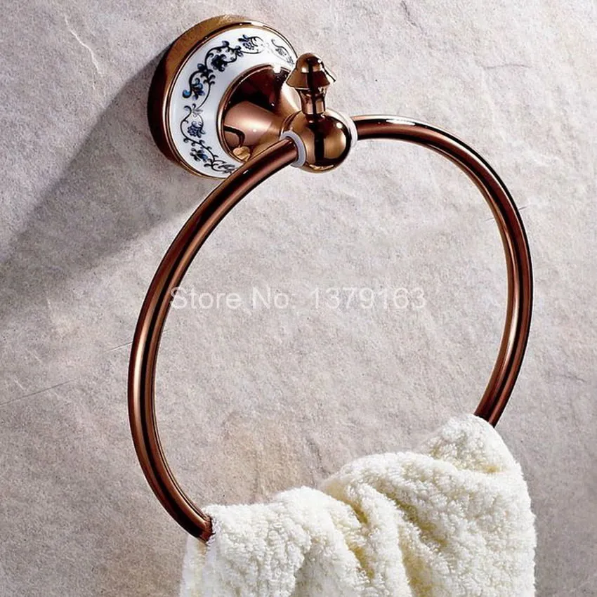 

NEW Bathroom Accessory Wall Mounted Luxury Rose Golden Copper Brass Ceramic Flower Pattern Towel Ring Towel Rack Holder aba386