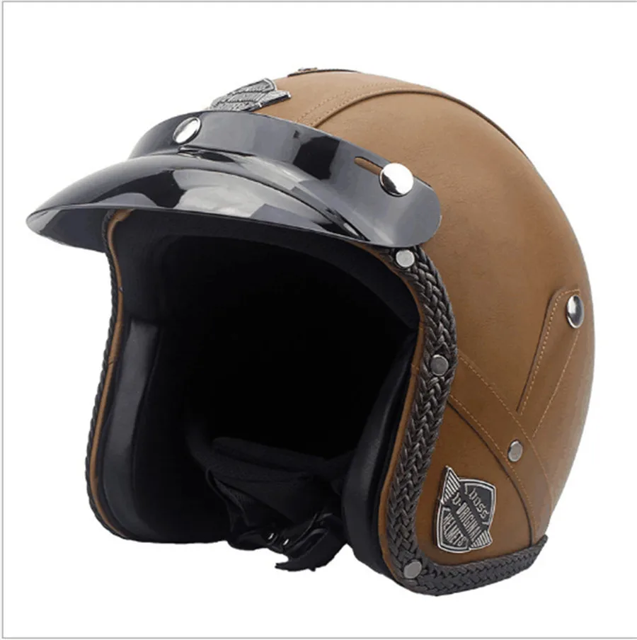 Brown Motorcycle Scooter Leather Open Face Helmet Retro Vintage Cafe Racer Helmets S(55 56m) M