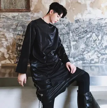 

Shirt men long sleeve Glossy face Asymmetry Medium length shirt teenage korean irregular shirt mens personality black fashion