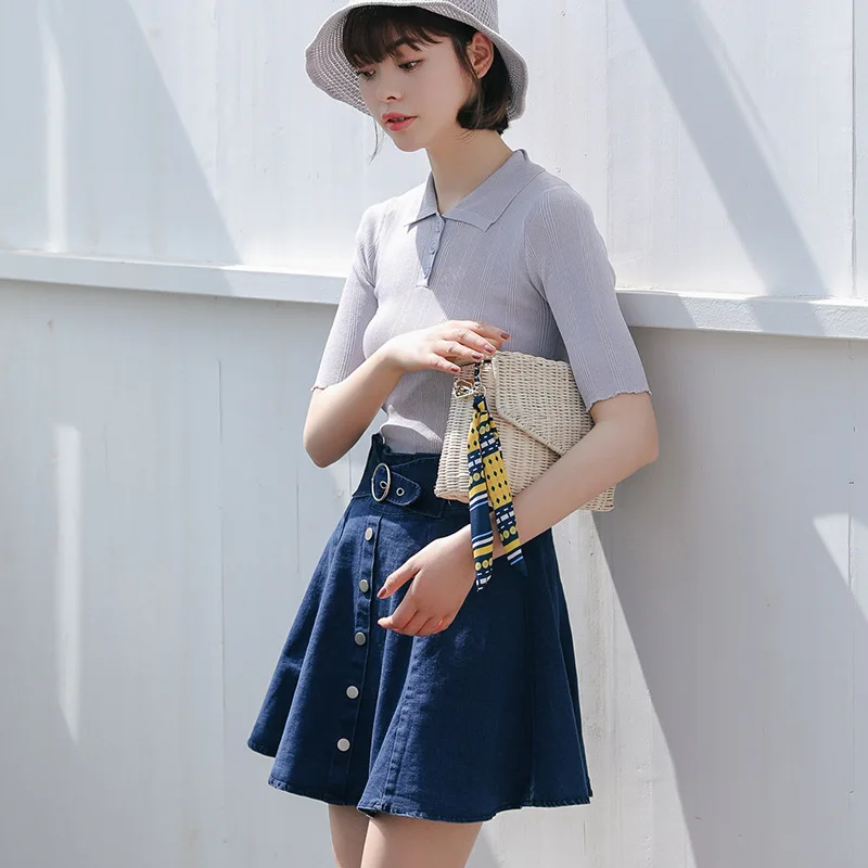 Faldas Mujer Moda модные повседневные плиссированные джинсовые юбки трапециевидной формы с высокой талией уличная Элегантная стильная винтажная короткая юбка Jupe Femme