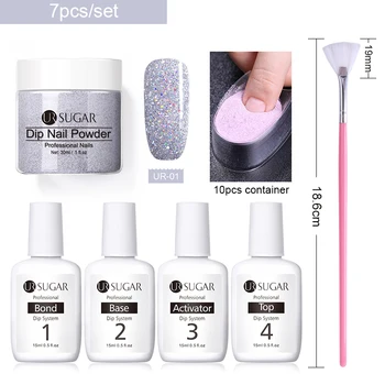 

UR SUGAR Full Set Dipping Nail Powder System Base Top Coat Kits DIY Dip Nail Powder Set Brush Saver Powder 7Pcs/set