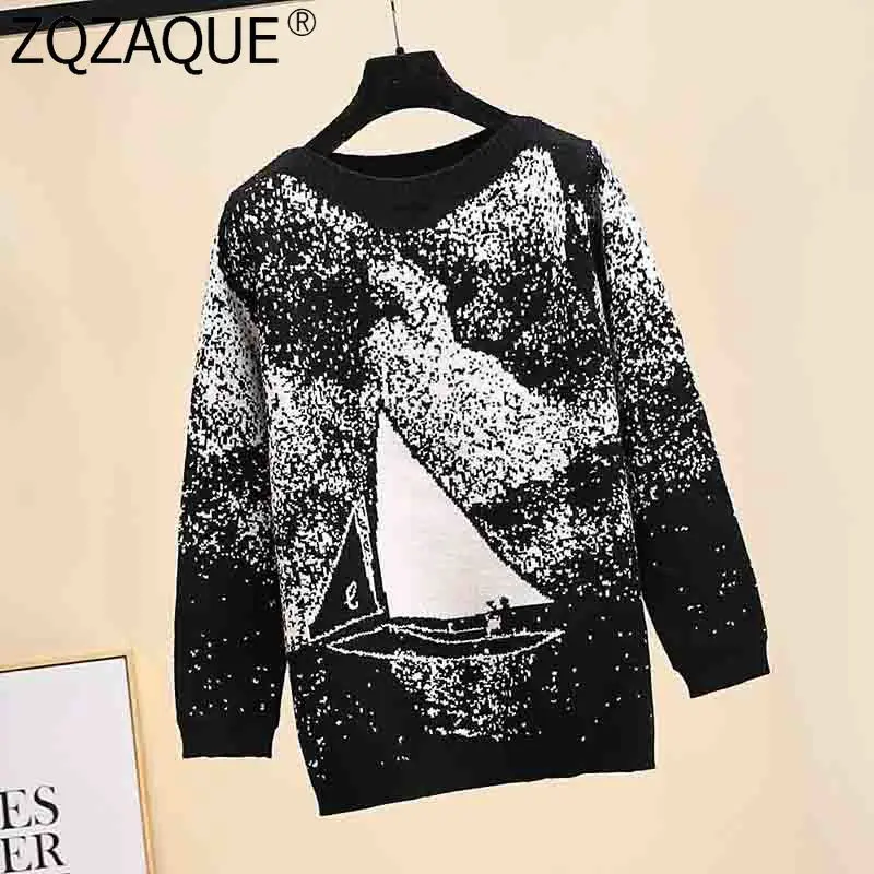 

Fashion Oblique Collar Warm Bottom Knit Sweaters Knitted Pullovers Long Tops Women Fall Winter Sail Boat Pattern Lady's Clothes