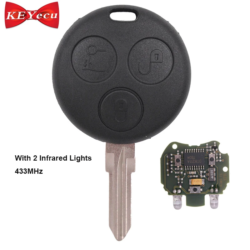 

KEYECU Uncut Remote Key Fob 3 Button 433MHz for Smart Fortwo Forfour City With 2 Infrared Lights