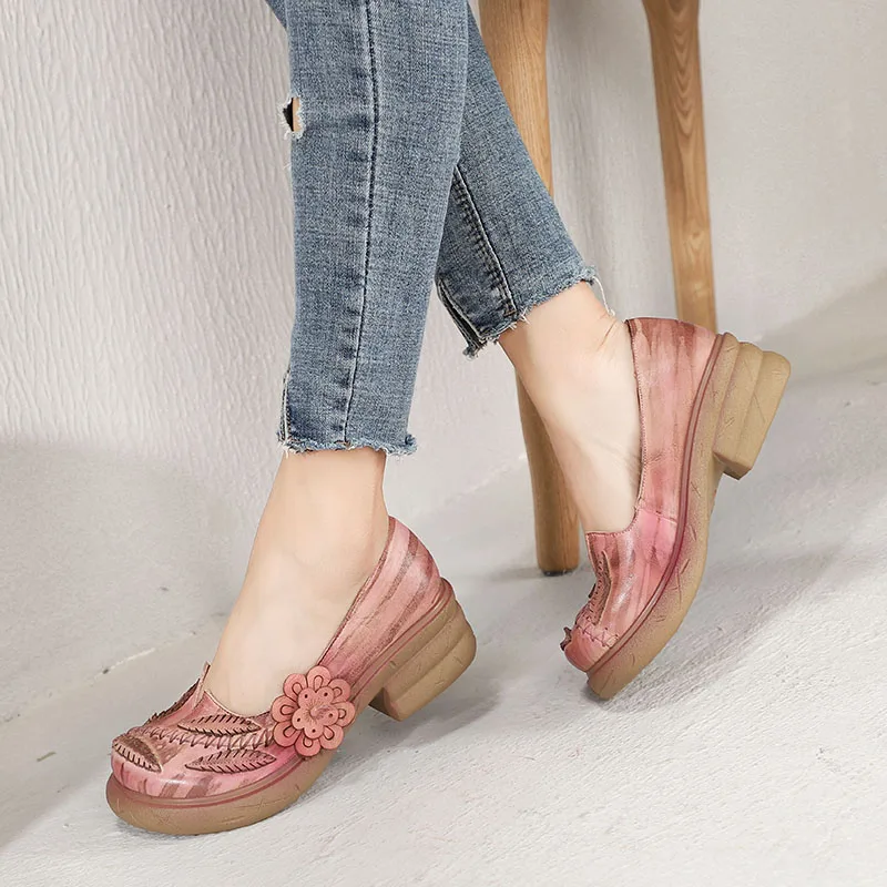 

2019 Original Design Women Pumps Shoes Genuine Leather Round Toes Flower Platform Lady Vintage Handmade Casual Low Heel Shoes