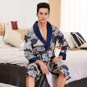 

Chinese Style Vintage Satin Homewear Nightgown Men's Robe Casual Print Bathrobe Silky Negligee Loose Intimate Lingerie