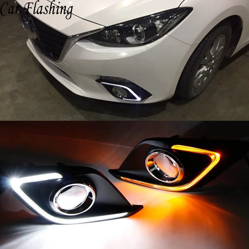 

Car Flashing 2 Pcs DRL For Mazda 3 Mazda3 Axela 2014 2015 2016 LED DRL Daytime Running Lights with turn signal Fog light cover