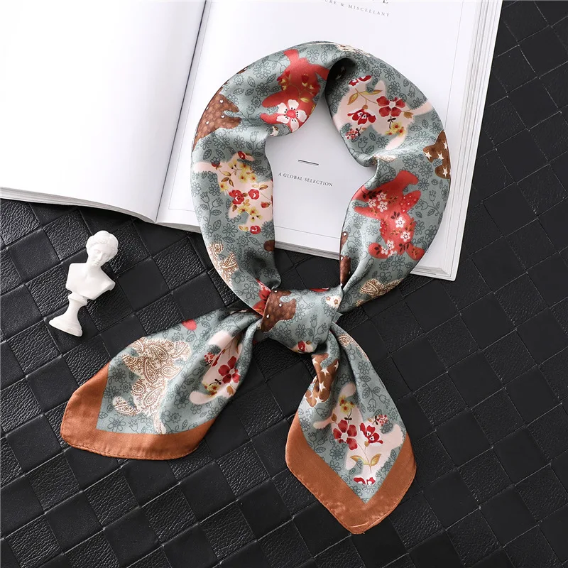 

2019 Design Silk Neck Scarf Square Women Cute Animal Print Lady Foulard Head Band Small Handkerchief Shawls Wraps