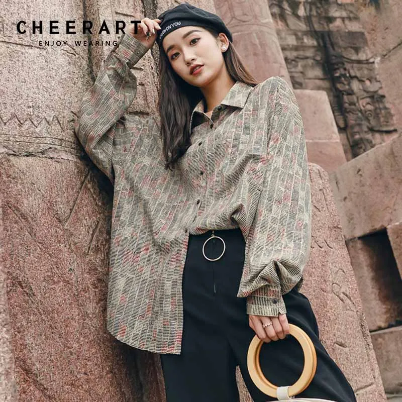 

Cheerart Vintage Blouse Women Newspaper Print Shirt Long Sleeve Blouse Tops Femme Designer 2018 Autumn Women Fashion