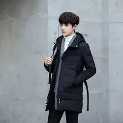 Полный молодой Мужская зимняя куртка-пуховик повседневные корейские с капюшоном длинная теплая белая утка вниз заполнены мужские зимние