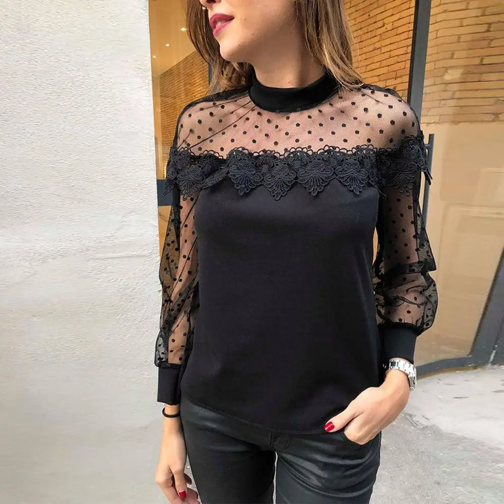 

Fashion Women Solid Casual Long Sleeve T-shirt Hollow Out Soild Lace O Neck Top
