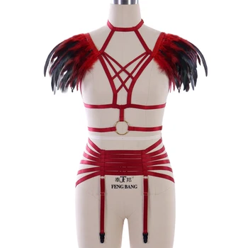 

Feather Vest Cape Body Harness Set Top halter Cage Bra Garter Belts bottom Bondage Lingerie Women Belts Adjust Fashion