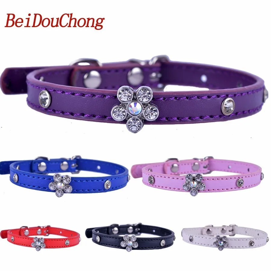 Wholesale Pu Leather Dog Cat Collar Rhinestones Flower Crystal Studded Collars For Cats Small