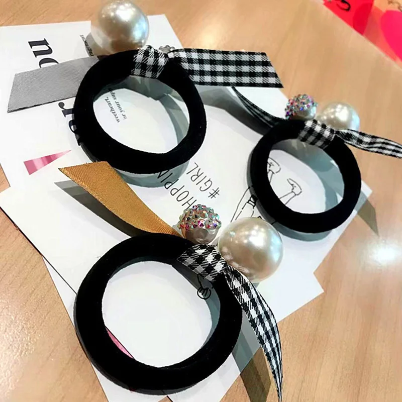 Houndstooth cloth bow hair rope color diamond pearl hair ring thick rubber band ponytail ties fashion hair accessories for women