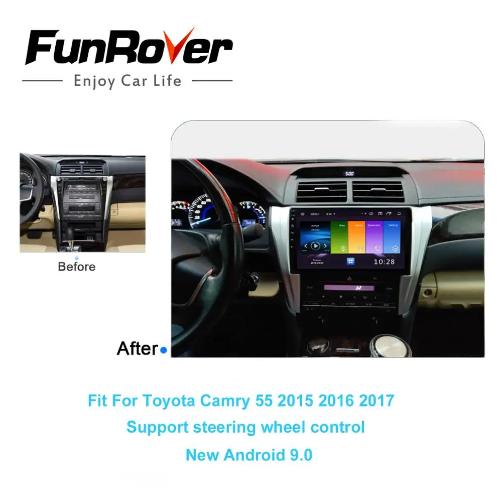 Perfect FUNROVER android 9.0 2.5D+IPS car dvd multimedia For Toyota Camry 55 2015 2016 2017 radio gps navigation system navi stereo DSP 1