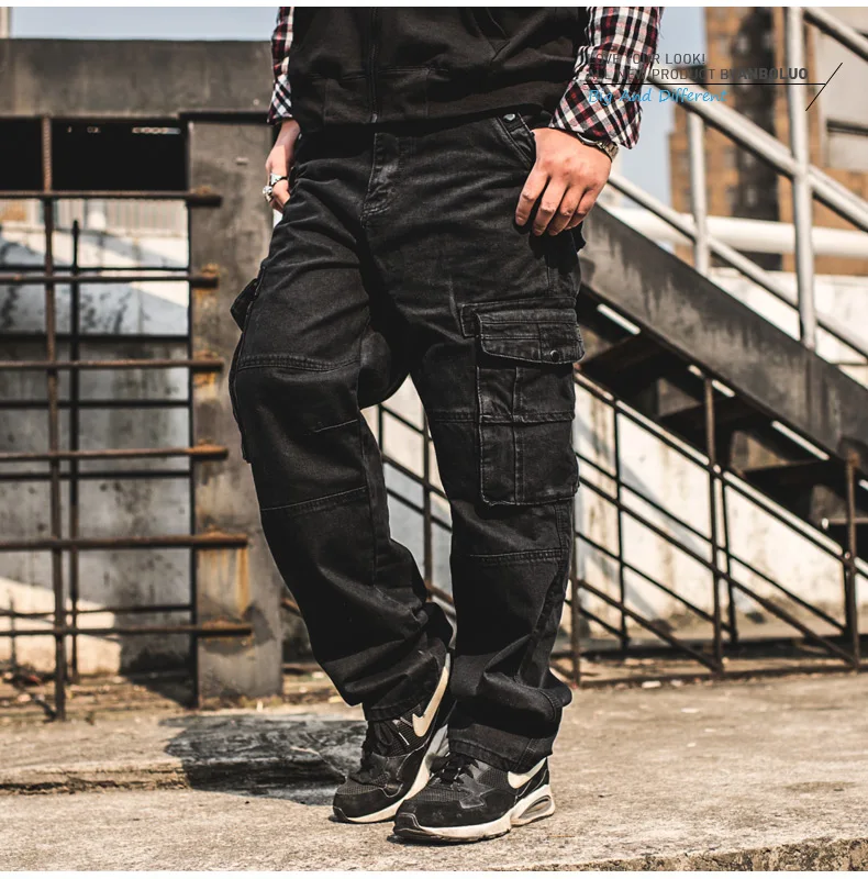 Японский стиль размера плюс мужские джинсовые брюки карго мужские Мешковатые Свободные черные джинсы с боковыми карманами размер 38 40 42 44 46