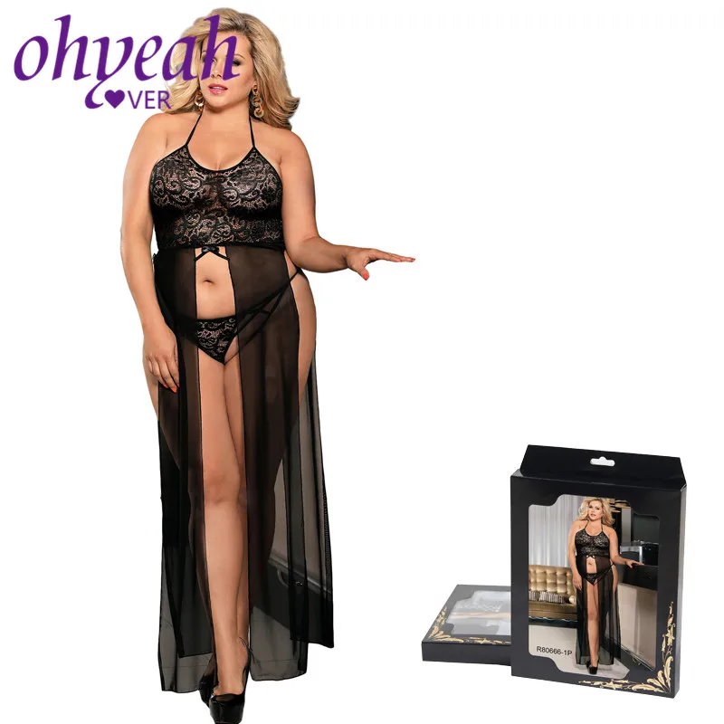 Ohyeahlover Sexy Long Lingerie Dress Babydolls Hollow Out Erotic Costumes Lace Women Dress For Sex Plus Size Split Gown RM80666