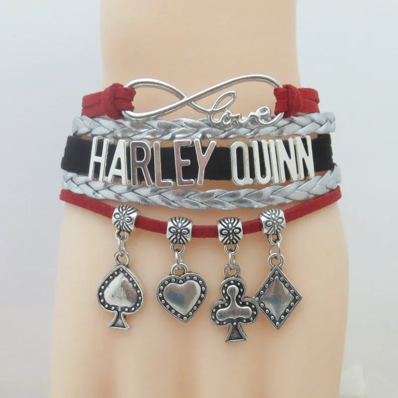 

fashion infinity harley quinn bracelets red black rope silver leather bracelet poker charm jewelrys