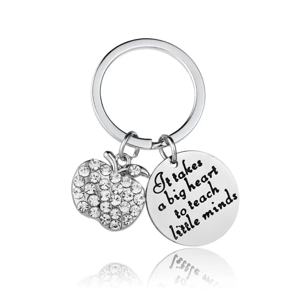 

12PC Wholesale It Takes A Big Heart Teach Little Minds Clear Crystal Apple Keyring Stainless Steel Keychain Teacher's Day Gifts