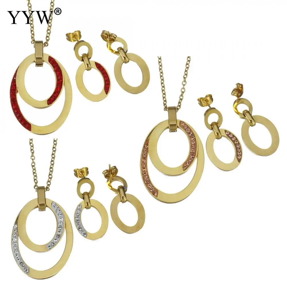 

European style Golden Jewerly Set Women Hollow-out Geometric Oval Necklace and Stud Earrings Rhinestone mujer Luxury Suit Bijoux