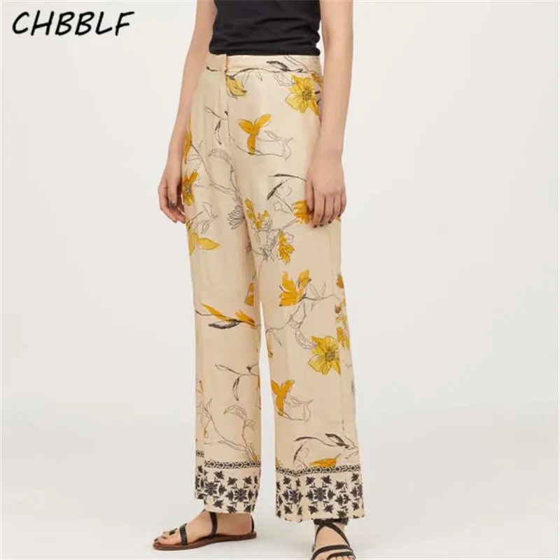 

CHBBLF women vintage floral wide leg pants zipper fly design female casual summer full length trousers pantalones XSZ1732