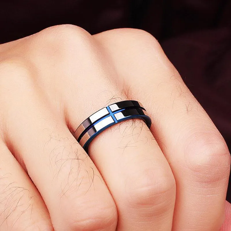 New Fashion Jewelry Titanium Steel Ring for Men Blue Cross Stainless Steel Mens Ring Personality Charms Rings Wedding Party Punk