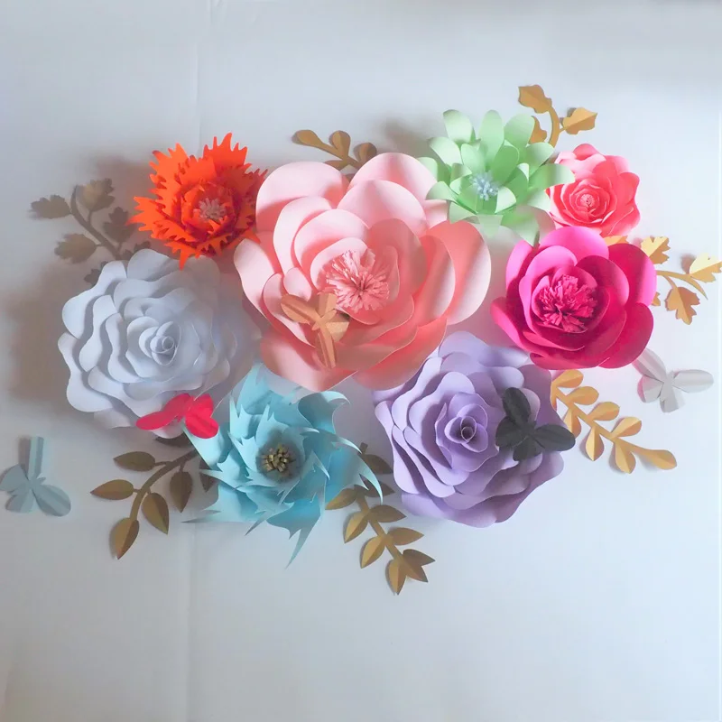 2018ArtificialGiantPaperFlowersBackdrop8PCSLeaves7PCS