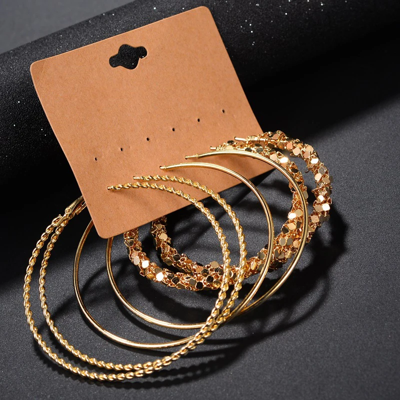 TAFREE 3 pairs/sets Simple Fashion Gold Silver Color Hoop Earrings Exaggerated wafer Circle Earring Punk Girl Set E0084