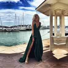Sexy Jägergrün Lange Abendkleid mit Slit Tiefem V hals Meer Strand Prom Kleider Günstige Customized Vestido de Festa günstige