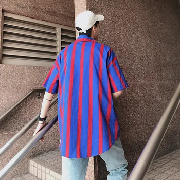 

2019 Summer Men's Stripe Printing Hawaiian Shirt Short Sleeve French Cuff Mens Brand Loose Fashion Trend Shirts Plus Size M-XL