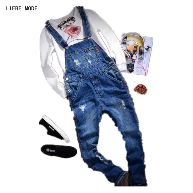 Male Vintage One Piece Denim Jumpsuit For Men Ripped Jeans Casual Bib