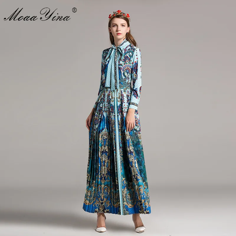 MoaaYina, модное дизайнерское подиумное классическое платье макси, весеннее женское платье с длинным рукавом, с принтом из ленты, с павлином, плиссированное, экзотическое длинное платье