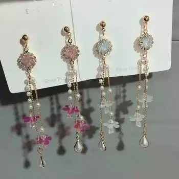 

of han edition, pure and fresh and frosted crystal violet milk double laser piece small petals long tassel earrings
