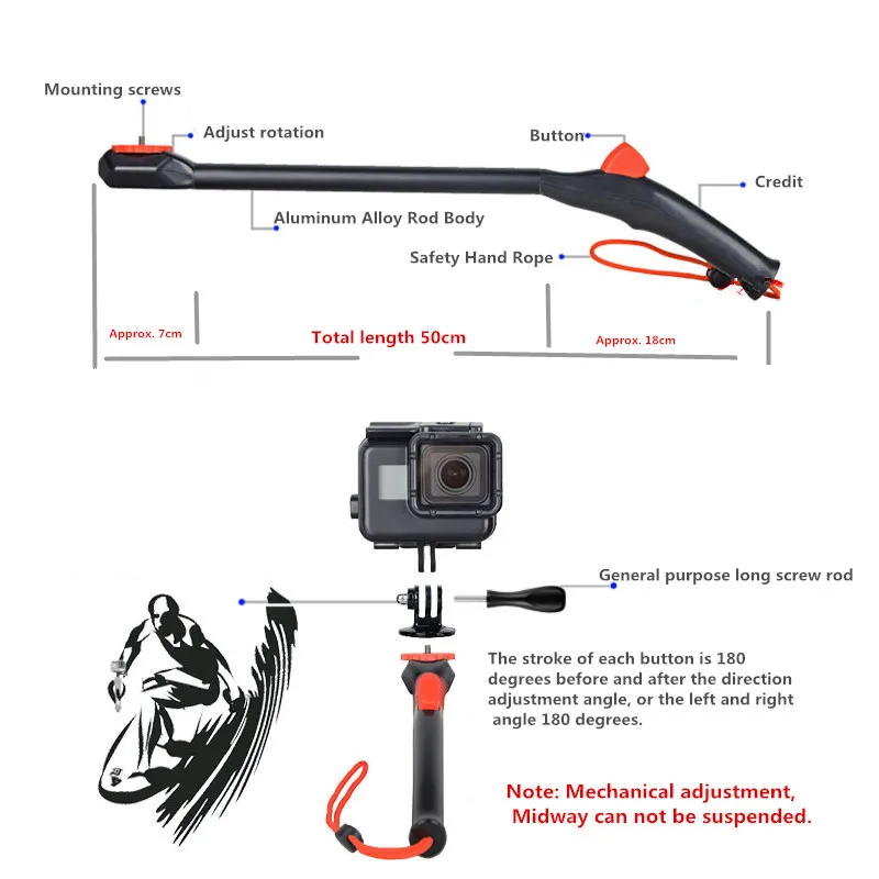 Diving Selfie stick 360 degrees One-click Flip Selfie stick Handheld bracket For GoPro Hero 7 6 5 S
