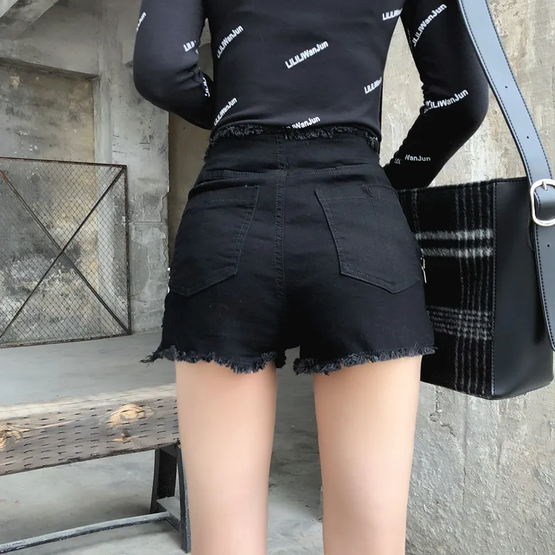 Модные новые сексуальные летние женские джинсовые черные рваные короткие джинсы с высокой талией с кисточками эластичные кружевные бандажные шорты hotpants
