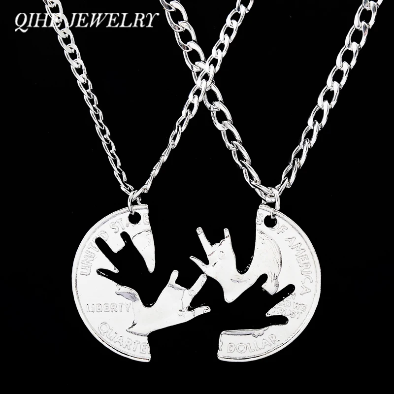 

QIHE JEWELRY I love You Hands Sign Interlocking Puzzle Necklaces Men Women Best Friend Couples Lover Pendant Necklace For Lover