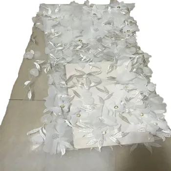 

White African Embroidered 3D lace fabric with stones High quality beaded lace fabric in fashion for flowery dress A508-2