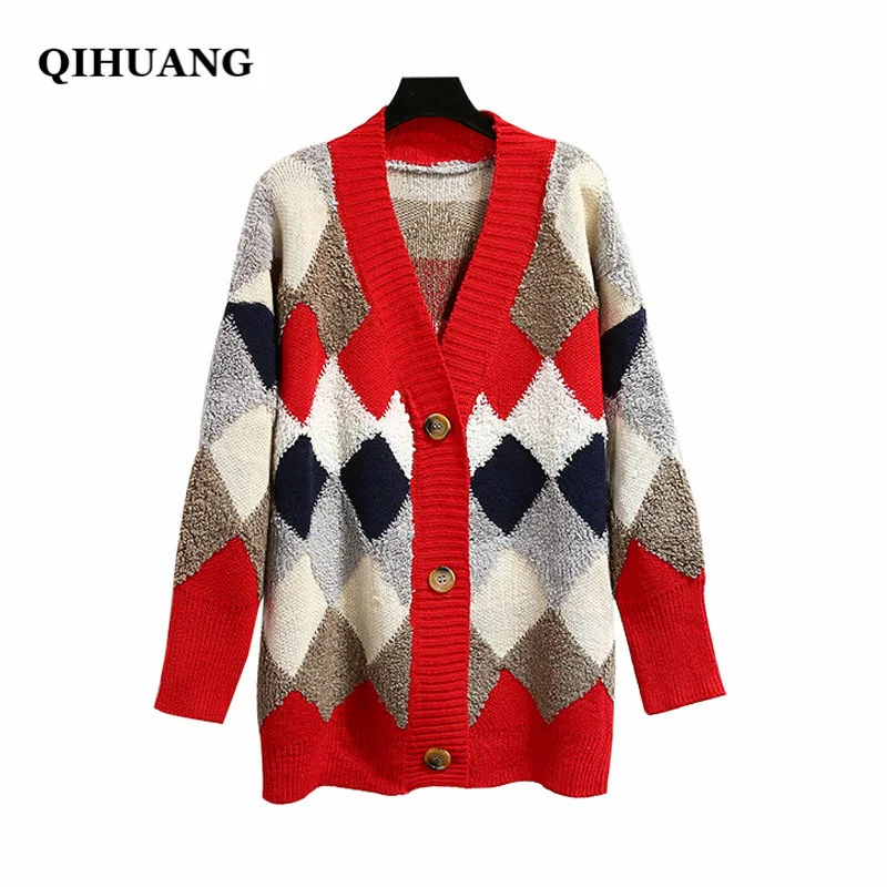QIHUANG 2018 осень-зима красочный плед вязаный кардиган Для женщин Свободные Сгущает