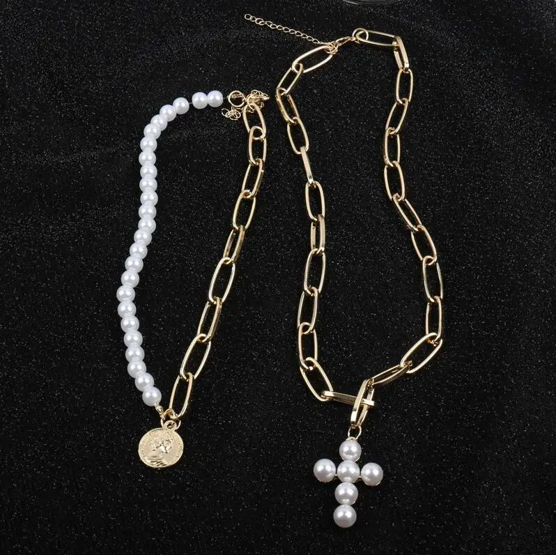 Дизайн имитация жемчуга женское колье, чокер крест кулон ожерелье s для женщин девочек Мода Золотые монеты ювелирные изделия на волосы - Окраска металла: 2PCS Set