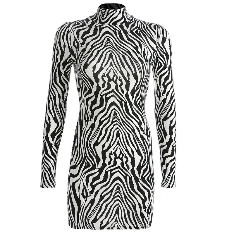 Zebra Stripe хлопок мини платье футляр обтягивающее осень водолазка с длинным рукавом
