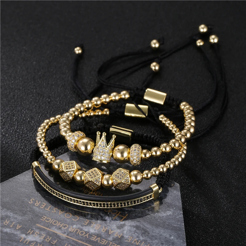

2019/Dropshipping/3Pcs/Set Bracelet/8mm Copper Beads/CZ Crown/CZ Moon/CZ Bracelet For Women Men Luxury Jewelry Pulseira Bileklik